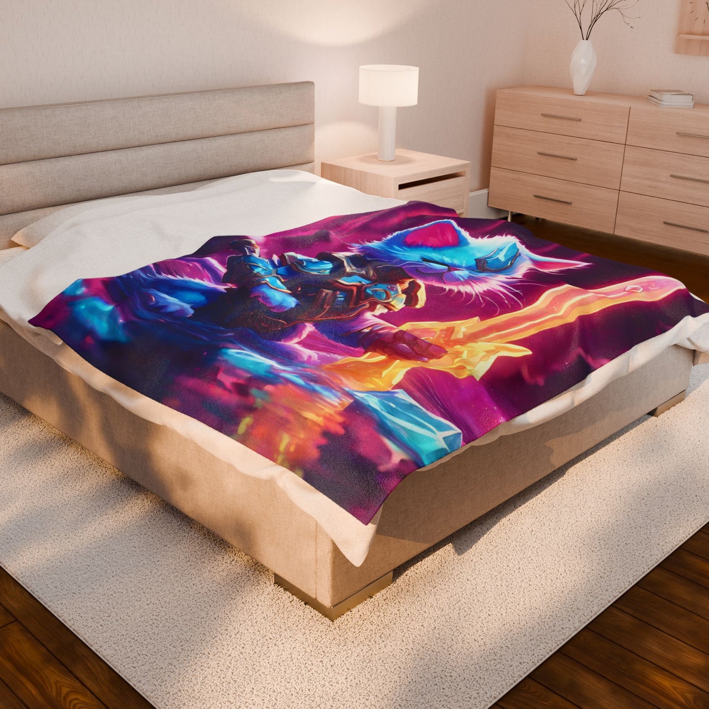 Warrior Cat Crystal Sword Blanket, Glowing Neon Cave Plush Sheet Blanket, Armored Kitten Bed Cover, Shielded Mystic Blade Bedroom Throw