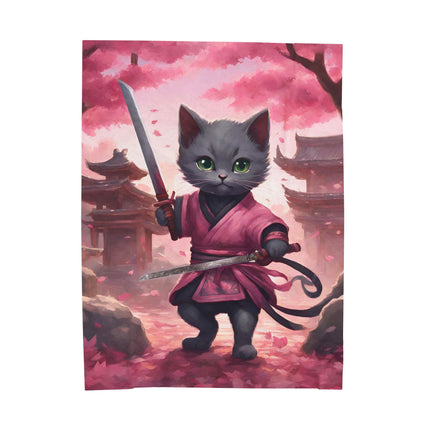 Samurai Warrior Cat Blanket, Sword Blade Kitten Warm Couch Throw Blanket, Pink Japanese Maple Tree Bed Cover, Bedroom Plush Sheet