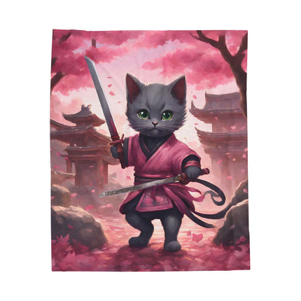 Samurai Warrior Cat Blanket, Sword Blade Kitten Warm Couch Throw Blanket, Pink Japanese Maple Tree Bed Cover, Bedroom Plush Sheet