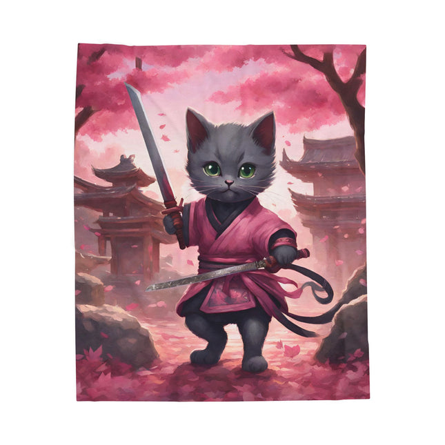 Samurai Warrior Cat Blanket, Sword Blade Kitten Warm Couch Throw Blanket, Pink Japanese Maple Tree Bed Cover, Bedroom Plush Sheet