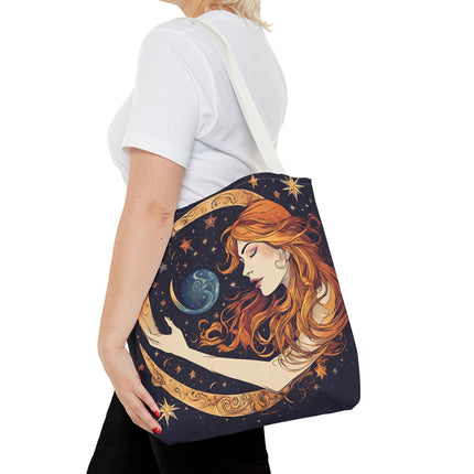 Moon Shaping Goddess Tote | Lunar Stars & Space Astronomy Grocery Bag | Woman Morphing Home Office Laptop Clothing Travel Overnight Gift