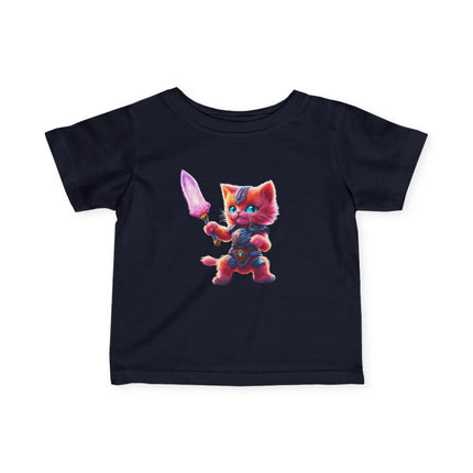 Warrior Cat Infant Gift Shirt, Glowing Sword Orange Kitten Tee, Cute Armor Kitty Short Sleeve Baby Tshirt