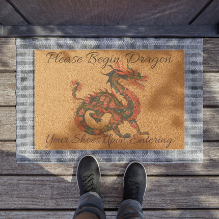 PLEASE BEGIN DRAGON YOUR SHOES UPON ENTERING Floral Patter Dragon Doormat