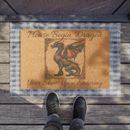 PLEASE BEGIN DRAGON YOUR SHOES UPON ENTERING Fantasy Dragon Tufted Door Rug