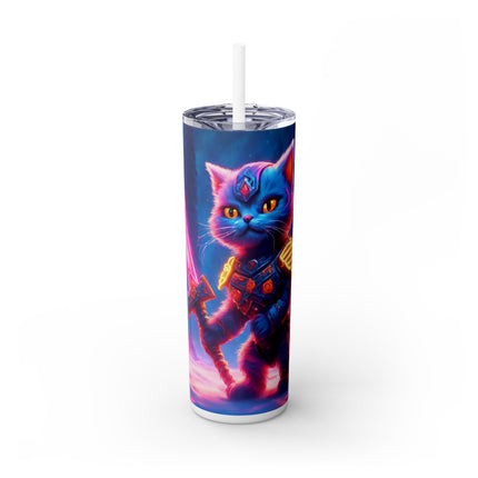 COSMIC NEON WARRIOR CAT Skinny Tumbler - Pink Glowing Sword Snow Kitten Cup
