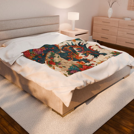 FLORAL JAPANESE DRAGON Blanket - Asian Flower Serpent Plush Throw