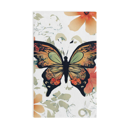 Floral Butterfly Hand Towel | Flower Pattern Flying Insect Decor | Bathroom Accent Drying Cloth | Spring & Summer Flutter Fly Polyester Gift
