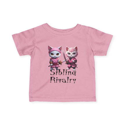 Warrior Cat Samurais Infant Gift Shirt, Sibling Rivalry Ninja Kitten Tee, Cute Sword Kitty Short Sleeve Baby Tshirt