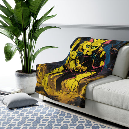 Warrior Cat Blanket, Neon Battle Cat, Plush Sherpa, Fierce Feline Fleece, Armored Kitty Bed Cover, Fantasy Couch Cover