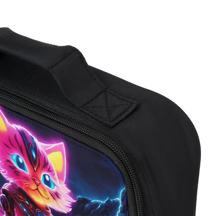 Neon Glowing Warrior Cat Lunch Bag Box, Girls Lush Flower Field Feline School Tote, Armored Kitten with Sword Insulated Bag
