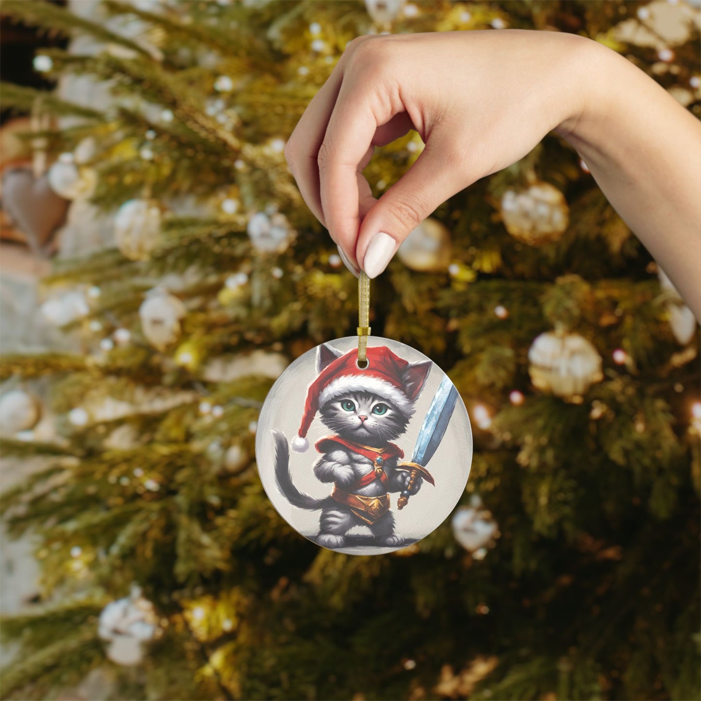 Kitten Christmas Ornament, Holiday Tree Decoration, Adorable Cat Gift, Round Glass Keepsake, KITTEN WARRIOR