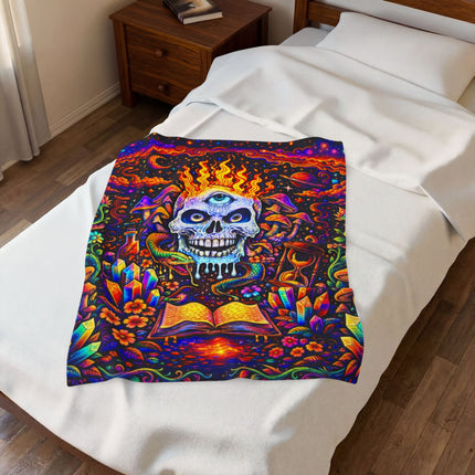 PSYCHEDELIC MIND'S EYE FLAMING BLUE SKULL Trippy Mushroom Blanket
