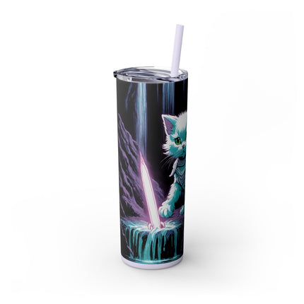 MYSTICAL WATERFALL CAVE CAT WARRIOR Tumbler - Pink Neon Sword Fantasy Kitten Cup