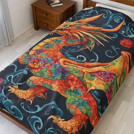 JAPANESE HORNED FLORAL DRAGON  Blanket - Traditional Asian Mythical Beast Plush Throw
