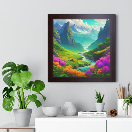 Fantasy Art Flower Mountain Valley, Landscape Framed Poster, Video Game Open World Scene Picture, River Spring Wall Hanging, Office Scenery
