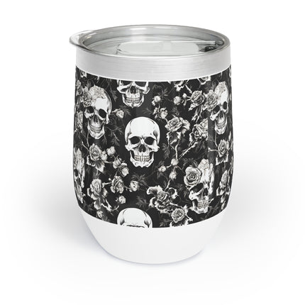 Skull and Flowers Wine Tumbler, Bone Flower Garden Pattern Wine Cooler, Flowered Design Skeleton Insulated Cup