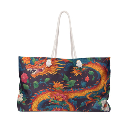 Custom Weekender | Japanese Dragon Travel Bag | Flowered Floral Serpent Japan Style Cruise Airplane & Hotel Road Trip Overnight Carrier