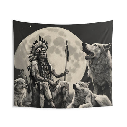 Indian Chief Wall Decor | Full Moon Night Sky Alpha Wolf Mountain Tapestry | Tribal Wolves Gift | Resting Native American Game Room Hanging