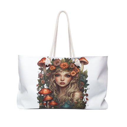 Flower Fantasy Maiden Girl Travel Gift Bag, Mushroom Flowered Garden Princess Fairy Weekend Bag, Mystical Beauty Tote