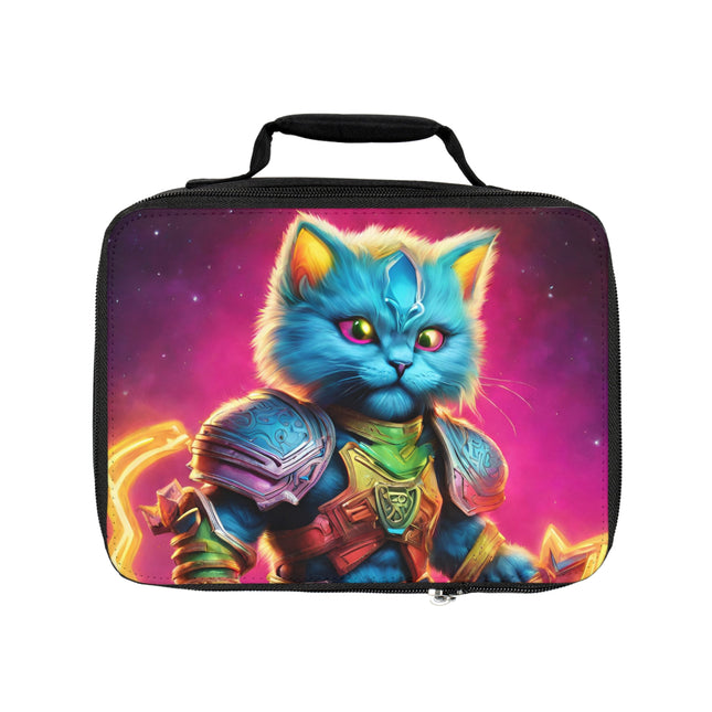 Neon Blue Fur Warrior Cat Lunch Bag Box, Boys and Girls Lush Starry Pink Sky Feline School Tote, Armored Cosmic Furry Kitten Insulated Bag