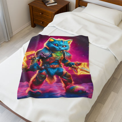 Rainbow Neon Warrior Cat Blanket, Glowing Feline Couch Throw, Armored Fighter Kitten Bed Cover, Awesome Kid or Adult Gift Bedroom Cover