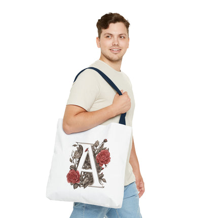 Custom Letter Personalized Tote | Rose Flowered Grocery Travel Bag | Floral Print Roses Office Laptop & Books or Exercise Overnight Carrier