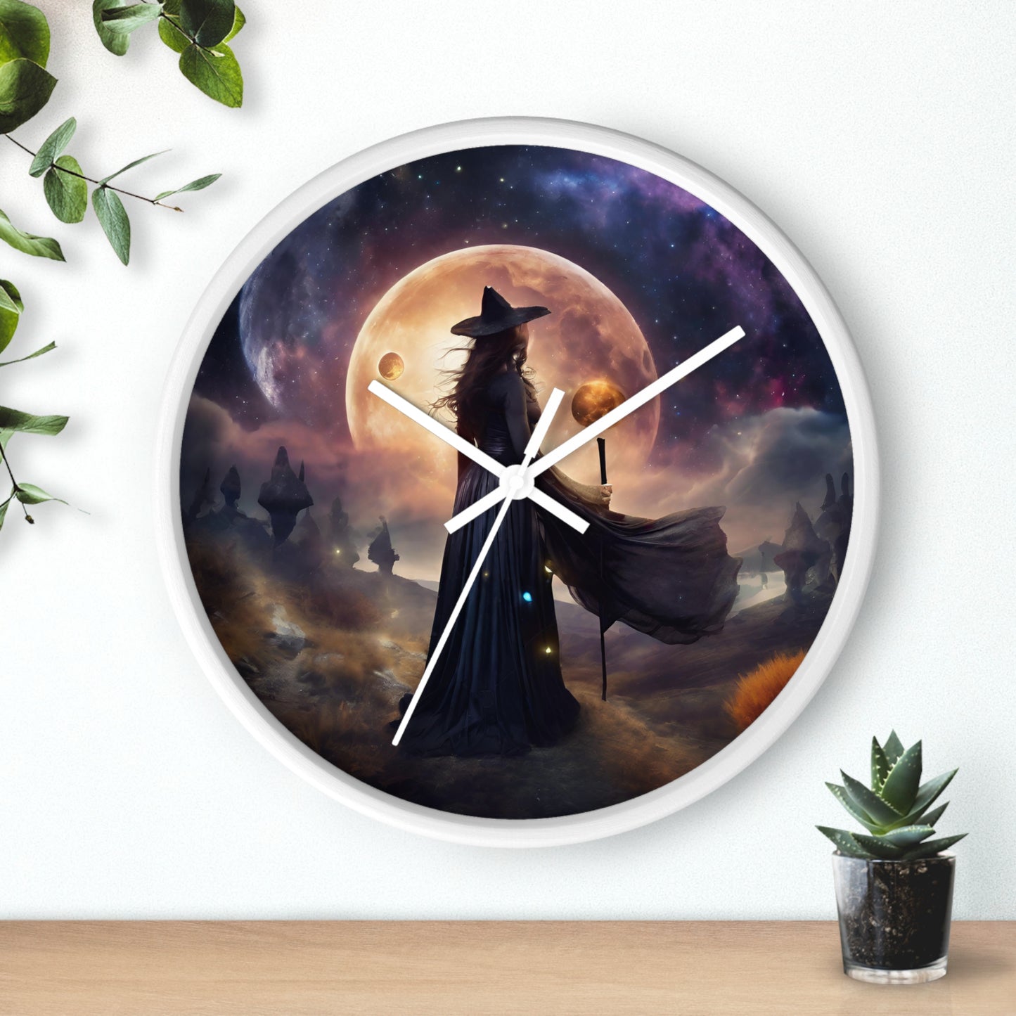 Wiccan Moon Wall Art Clock | Mystical Fantasy Galaxy Witch Pagan Astronomy Wall Hanging | Home Office Lunar Witchcraft Wall Decor Gift