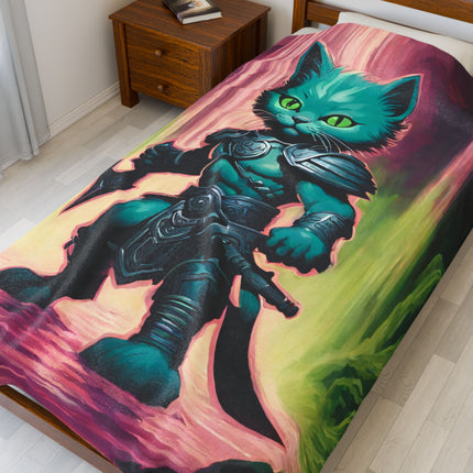 Warrior Blue Shank Cat Blanket, Waterfall Cave Kitten Warm Couch Throw, Glowing Neon Green Bed Cover, Armored Kitten Bedroom Plush Sheet
