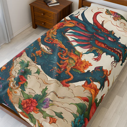 FLORAL JAPANESE DRAGON Blanket - Asian Flower Serpent Plush Throw