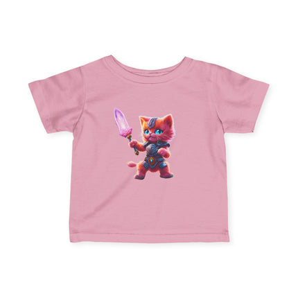 Warrior Cat Infant Gift Shirt, Glowing Sword Orange Kitten Tee, Cute Armor Kitty Short Sleeve Baby Tshirt