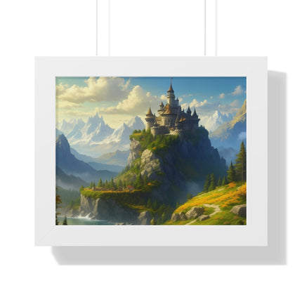 Video Game Fantasy Castle, RPG Valley Framed Poster, Mountain Nature Scene Picture, Open World Style Wall Hanging, Gamer Office Scenery