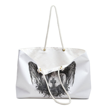 Holy Cross Broken Butterfly Angel Travel Gift Bag, Angelic Fragility Weekend Bag, Mystical Flowered Saint Beauty Tote