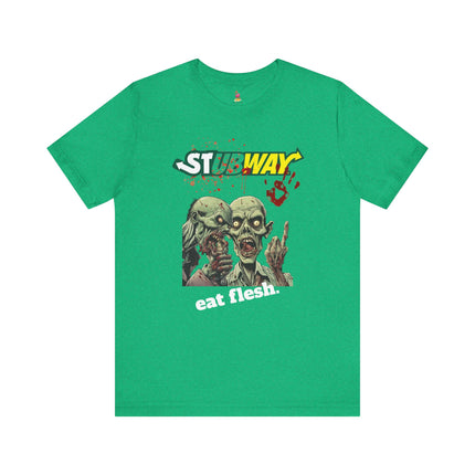 STUBWAY EAT FLESH Zombie Eating T-Shirt - Funny Subway Parody Horror Tee