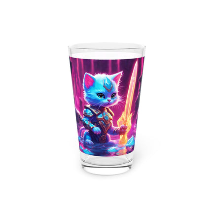 Warrior Cat Crystal Sword Drinking Glass, Glowing Neon Cave Drink Cup, Armored Kitten Pint Glass, Shielded Mystic Blade16 oz. Dinnerware