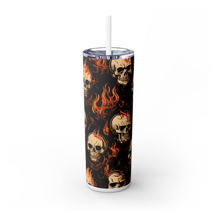 FIRE FLAMES AND SKULLS Skinny Tumbler - Skeleton Biker Motorcycle Insulated Cup