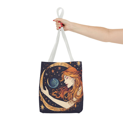 Moon Shaping Goddess Tote | Lunar Stars & Space Astronomy Grocery Bag | Woman Morphing Home Office Laptop Clothing Travel Overnight Gift