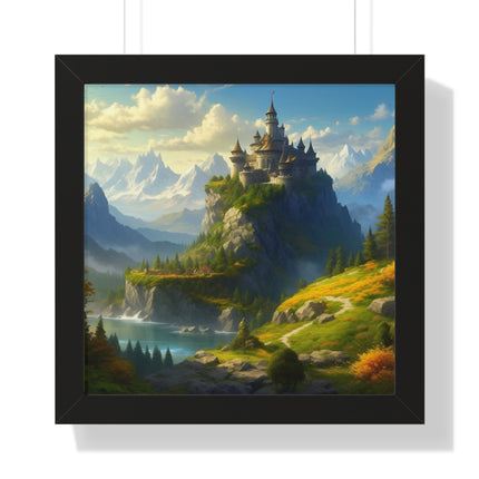 Video Game Fantasy Castle, RPG Valley Framed Poster, Mountain Nature Scene Picture, Open World Style Wall Hanging, Gamer Office Scenery