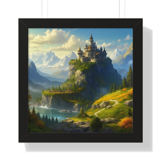 Video Game Fantasy Castle, RPG Valley Framed Poster, Mountain Nature Scene Picture, Open World Style Wall Hanging, Gamer Office Scenery