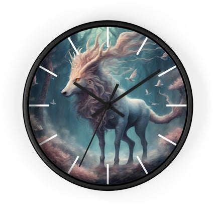 Majestic Myths Art Clock | Floral Flower Forest Horned Horse Wall Hanging | Mystical Maned Goat Fantasy Home Office Decor Gift