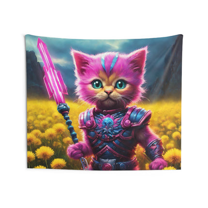 Warrior Cat Dandelion Art Tapestry, Pink Armored Kitten Neon Spear Wall Hanging, Yellow Flower Field Mystical Bed & Game Room Gift