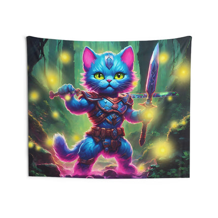 Warrior Cat Firefly Art Tapestry, Blue Armored Kitten Glowing Forest Wall Hanging, Pink Glowing Stone Creek Mystical Bed & Game Room Gift