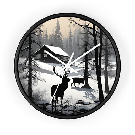 HUNTING CABIN Wall Clock - Winter Deer Scene Rustic Lodge Decor