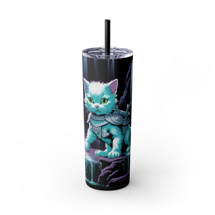 MYSTICAL WATERFALL CAVE CAT WARRIOR Tumbler - Pink Neon Sword Fantasy Kitten Cup