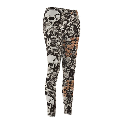 Women's Goth Skull and Carnations Casual Leggings, Flowers and Bones Pattern Elastic Bottoms, Tight Macabre Bone Skeleton Pants