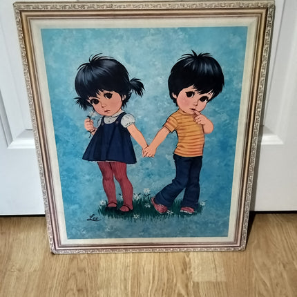 VINTAGE LEE ART BIG EYE BOY AND GIRL HOLDING HANDS WALL PLAQUE