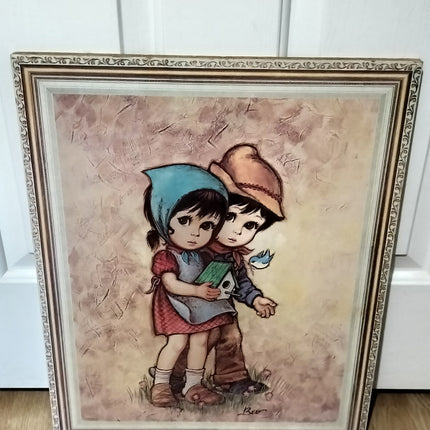 VINTAGE BEV ART BIG EYE BOY AND GIRL WALKING WALL PLAQUE