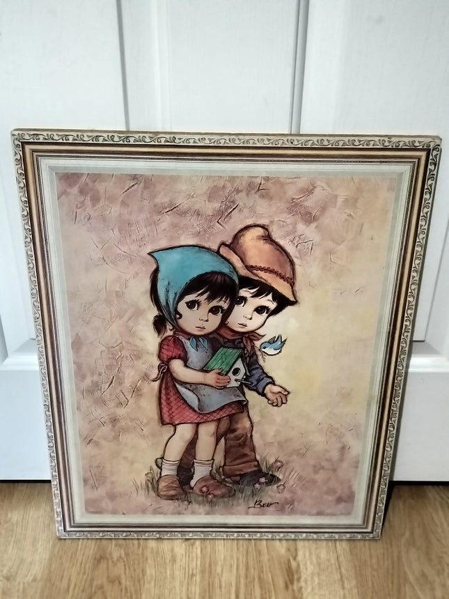 VINTAGE BEV ART BIG EYE BOY AND GIRL WALKING WALL PLAQUE