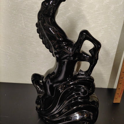 Vintage Black Ceramic Rearing Horse Figurine – Glossy Mid-Century Decor