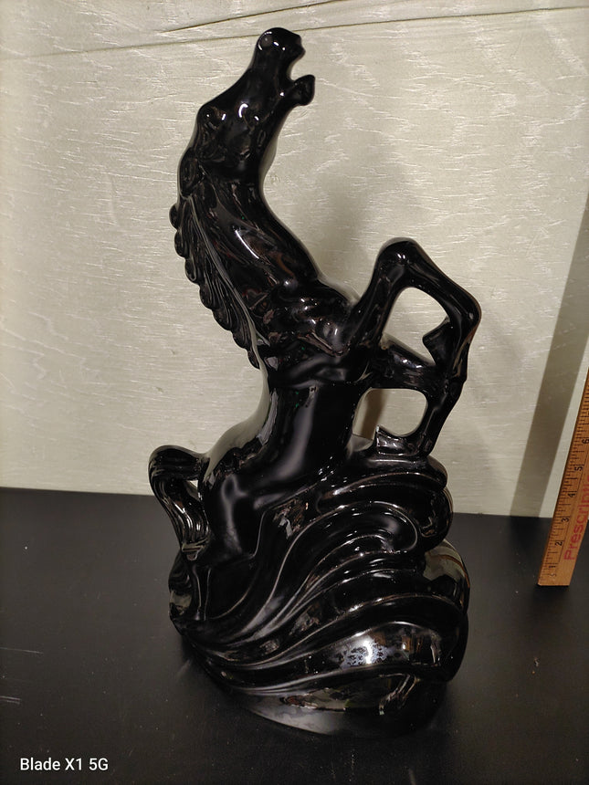 Vintage Black Ceramic Rearing Horse Figurine – Glossy Mid-Century Decor