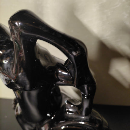 Vintage Black Ceramic Rearing Horse Figurine – Glossy Mid-Century Decor